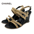 Chanel Sandals Shoes Leather Black Gold Coco Mark Braided Strap