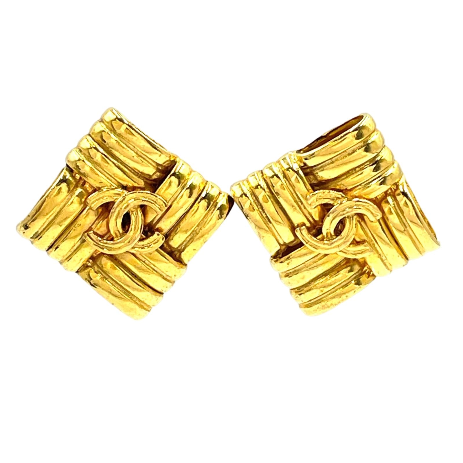 Chanel CC Logo Square Gold Plated Earrings