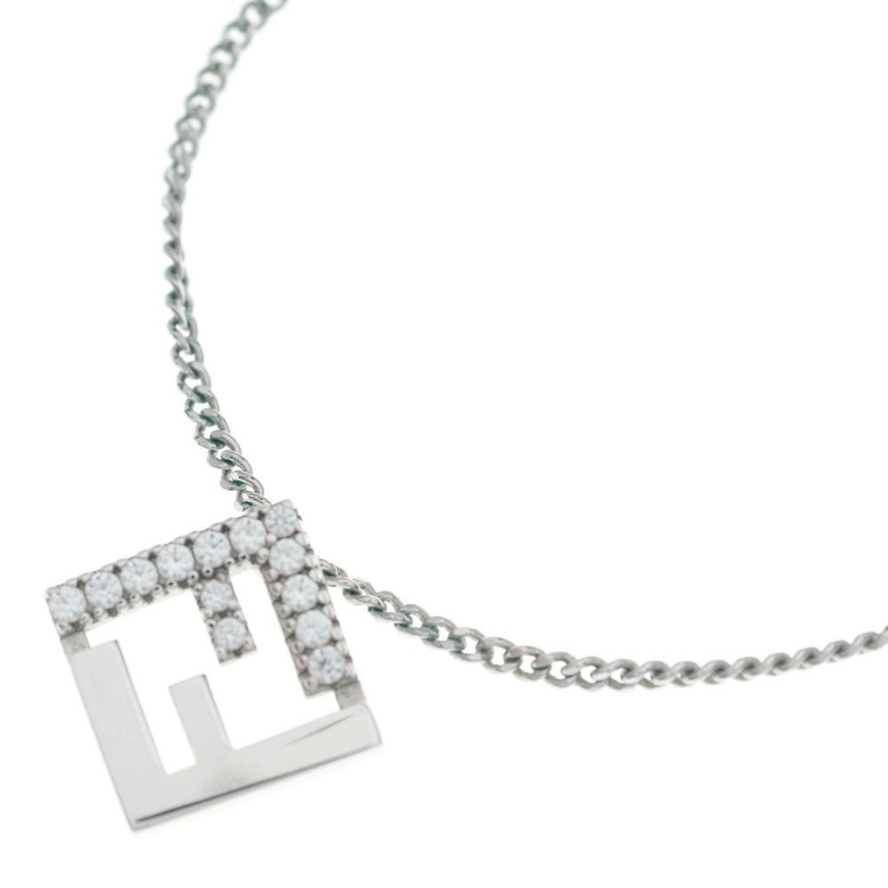 Fendi Fflogo Rhinestone Necklace Pendant Chain Silver