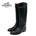 Hermes Jumping Boots Long Shoes Leather Black Silver Studs