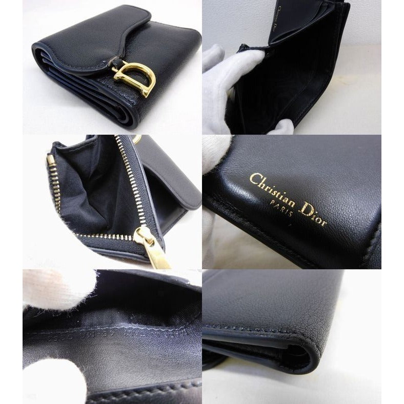 Dior Saddle Lotus Compact Wallet Black Gold Leather 7K — view 5