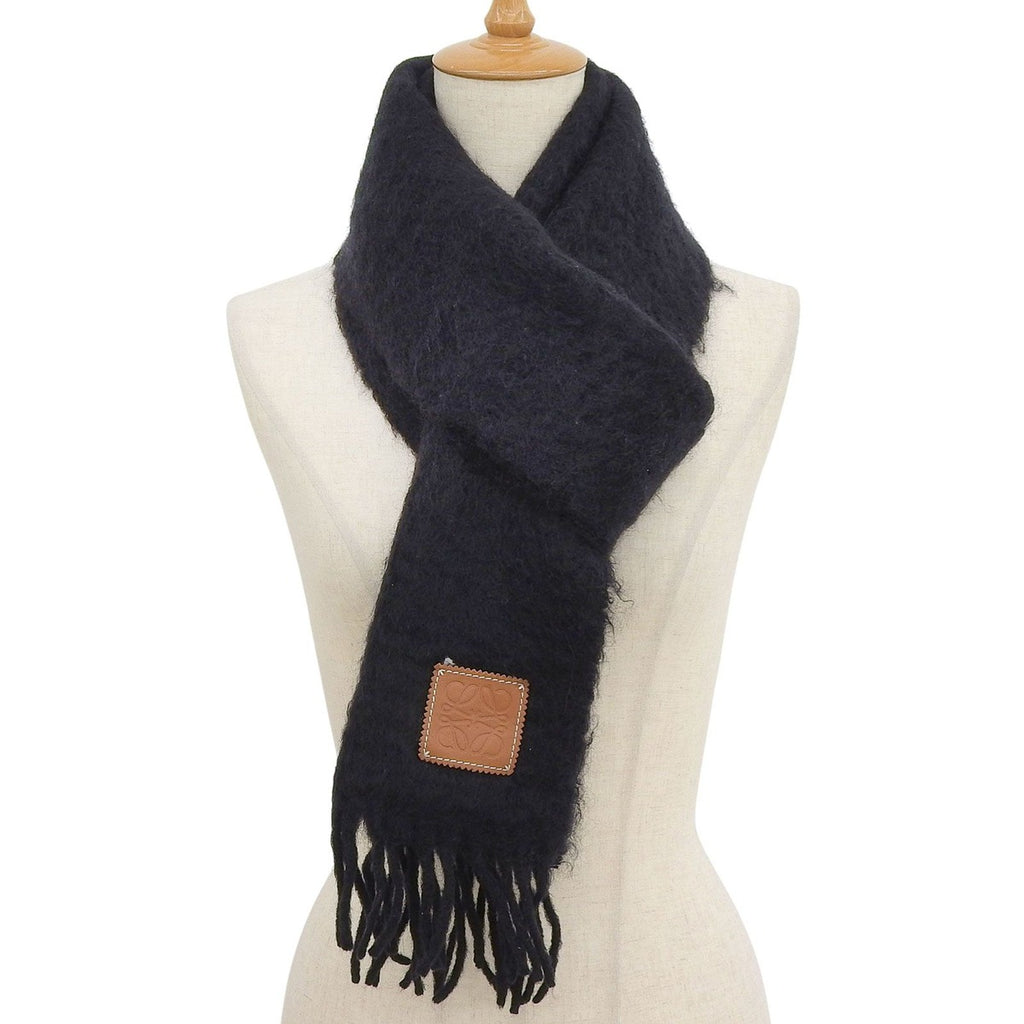 Loewe Mohair Wool Blend Anagram Leather Patch Long Scarf with Fringe Black — view 2