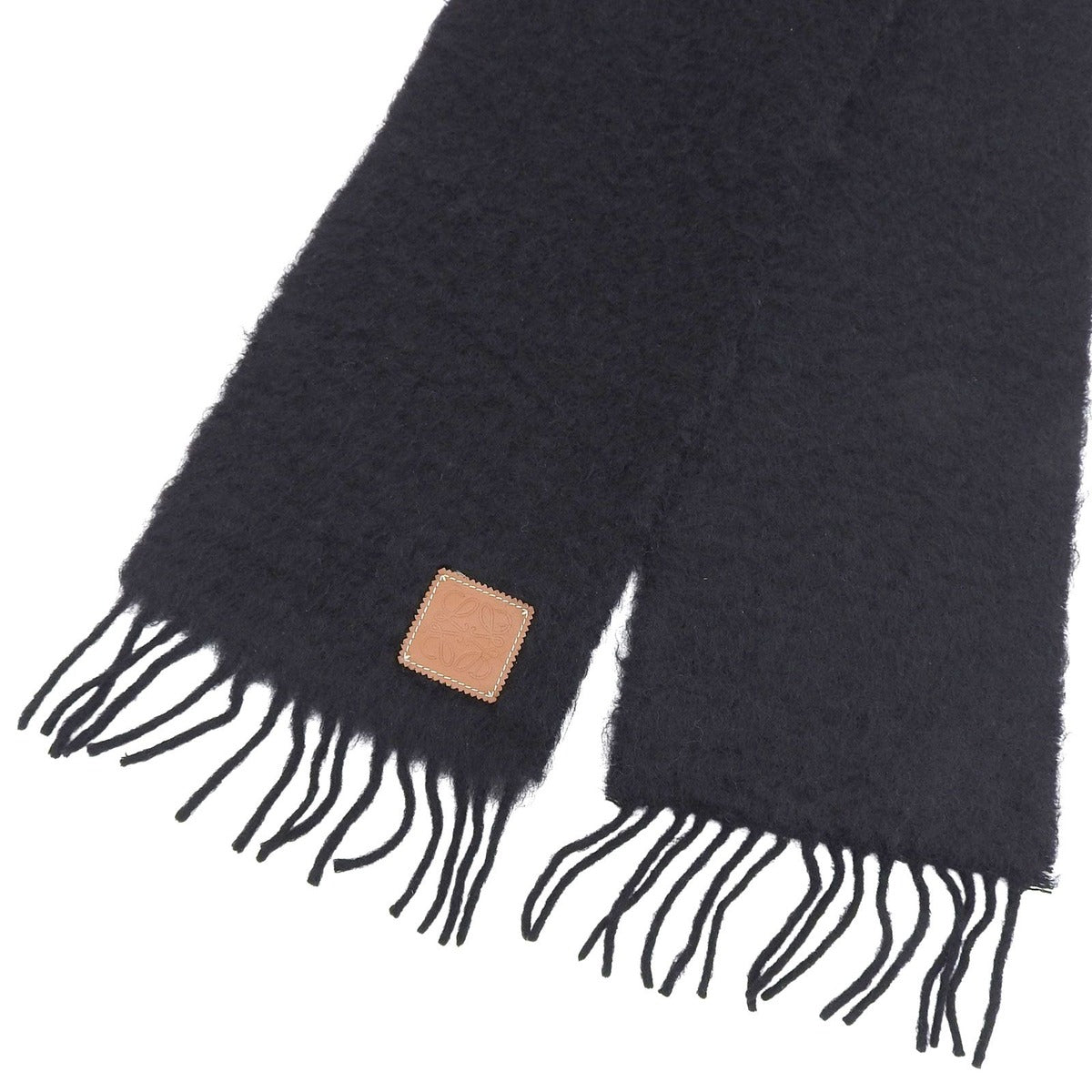 Loewe Mohair Wool Blend Anagram Leather Patch Long Scarf with Fringe Black — view 4