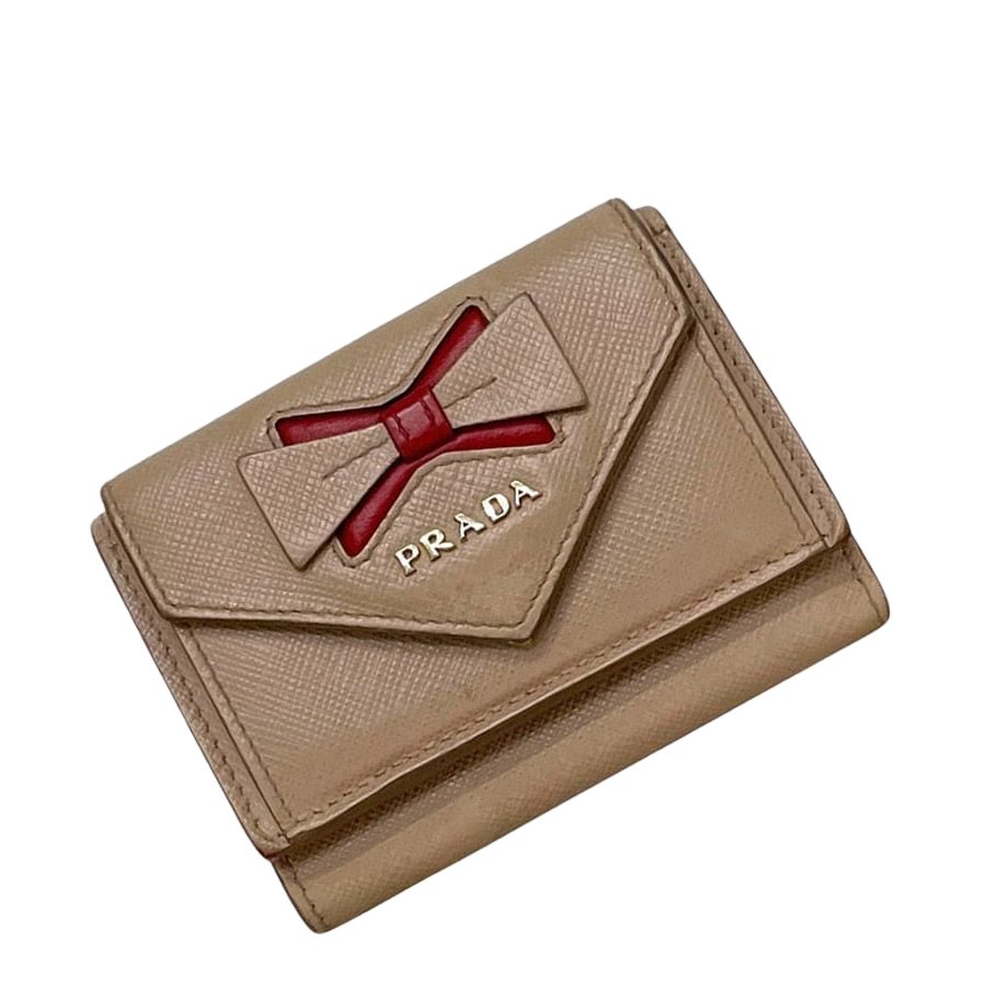 Prada Trifold Wallet Beige Ribbon Saffiano Leather 85 Compact Mini