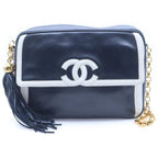 Chanel CC Logo Fringe Chain Shoulder Bag White Navy Leather Gold