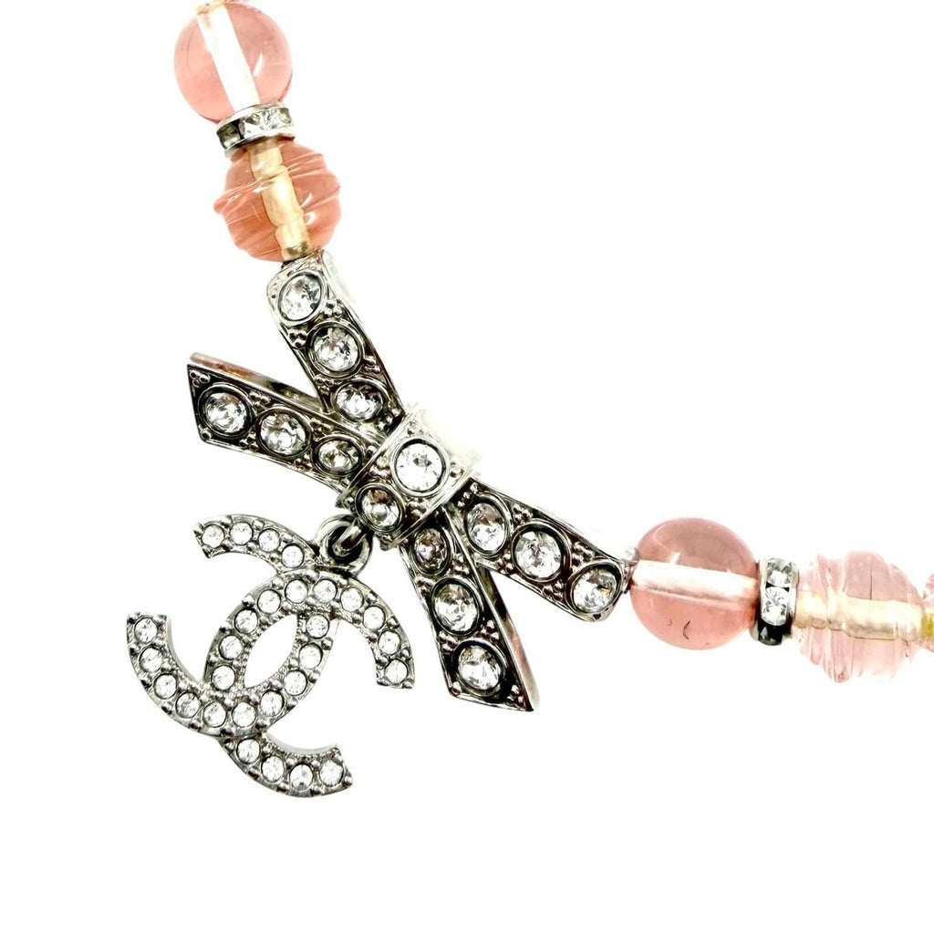 Chanel CC Logo Ribbon Rhinestone Choker Necklace Pink Silver — view 2
