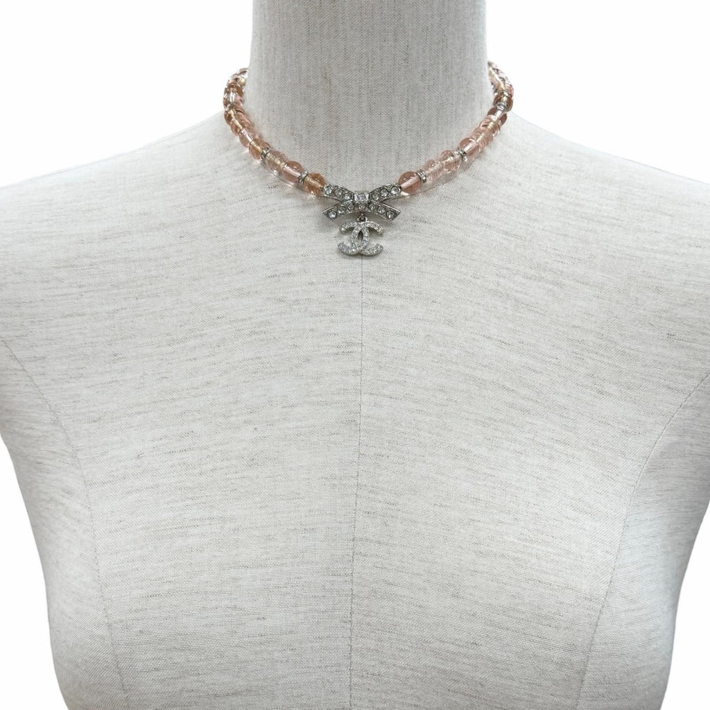 Chanel CC Logo Ribbon Rhinestone Choker Necklace Pink Silver — view 3