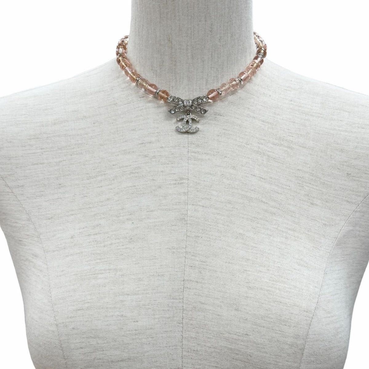Chanel CC Logo Ribbon Rhinestone Choker Necklace Pink Silver — view 3