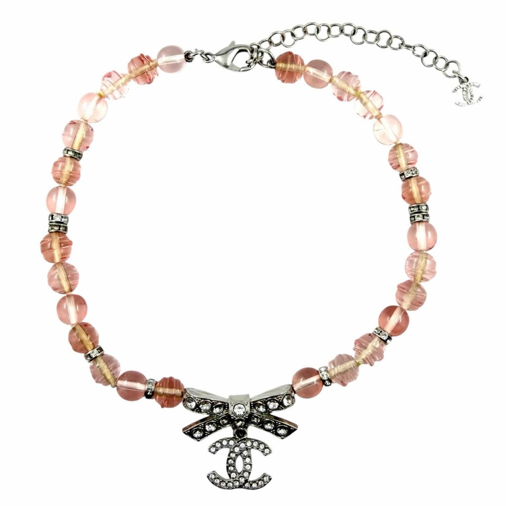 Chanel CC Logo Ribbon Rhinestone Choker Necklace Pink Silver — view 4