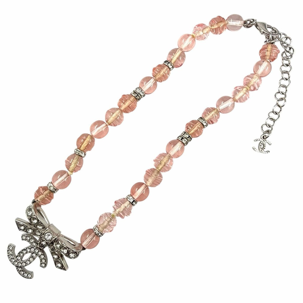 Chanel CC Logo Ribbon Rhinestone Choker Necklace Pink Silver — view 5