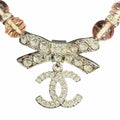 Chanel CC Logo Ribbon Rhinestone Choker Necklace Pink Silver