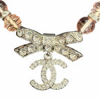Chanel CC Logo Ribbon Rhinestone Choker Necklace Pink Silver
