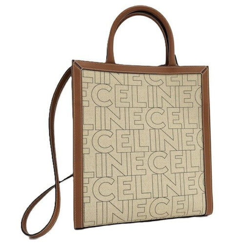 Celine 2-Way Shoulder Bag Small Vertical Cabas Canvas Leather Light Beige Brown