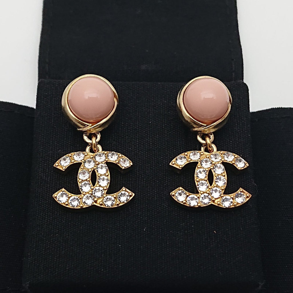 Chanel Earrings Pink Pearl Rhinestone CC Logo Gold