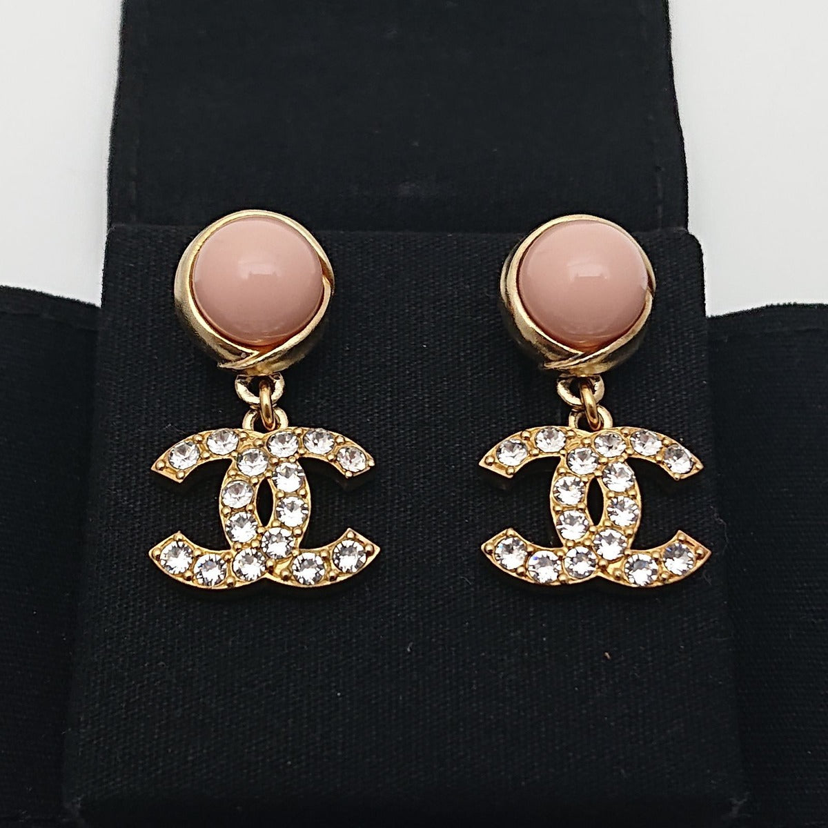 Chanel Earrings Pink Pearl Rhinestone CC Logo Gold