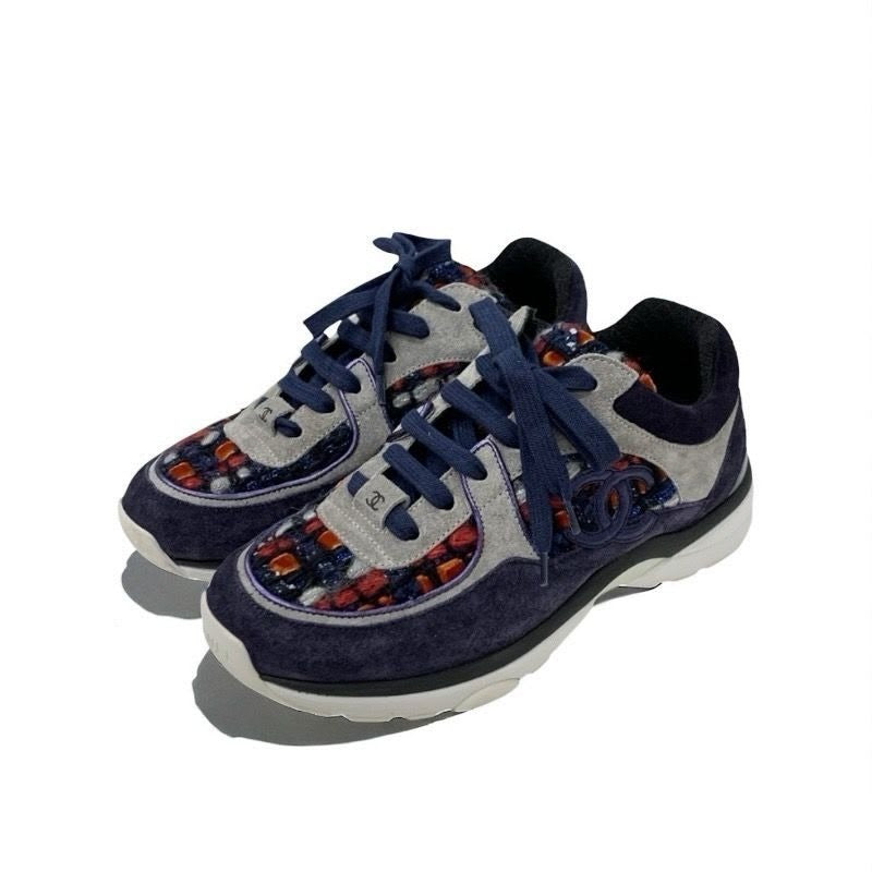 Chanel Sneakers Shoes Suede Fabric Navy Multicolor Coco Mark Tweed