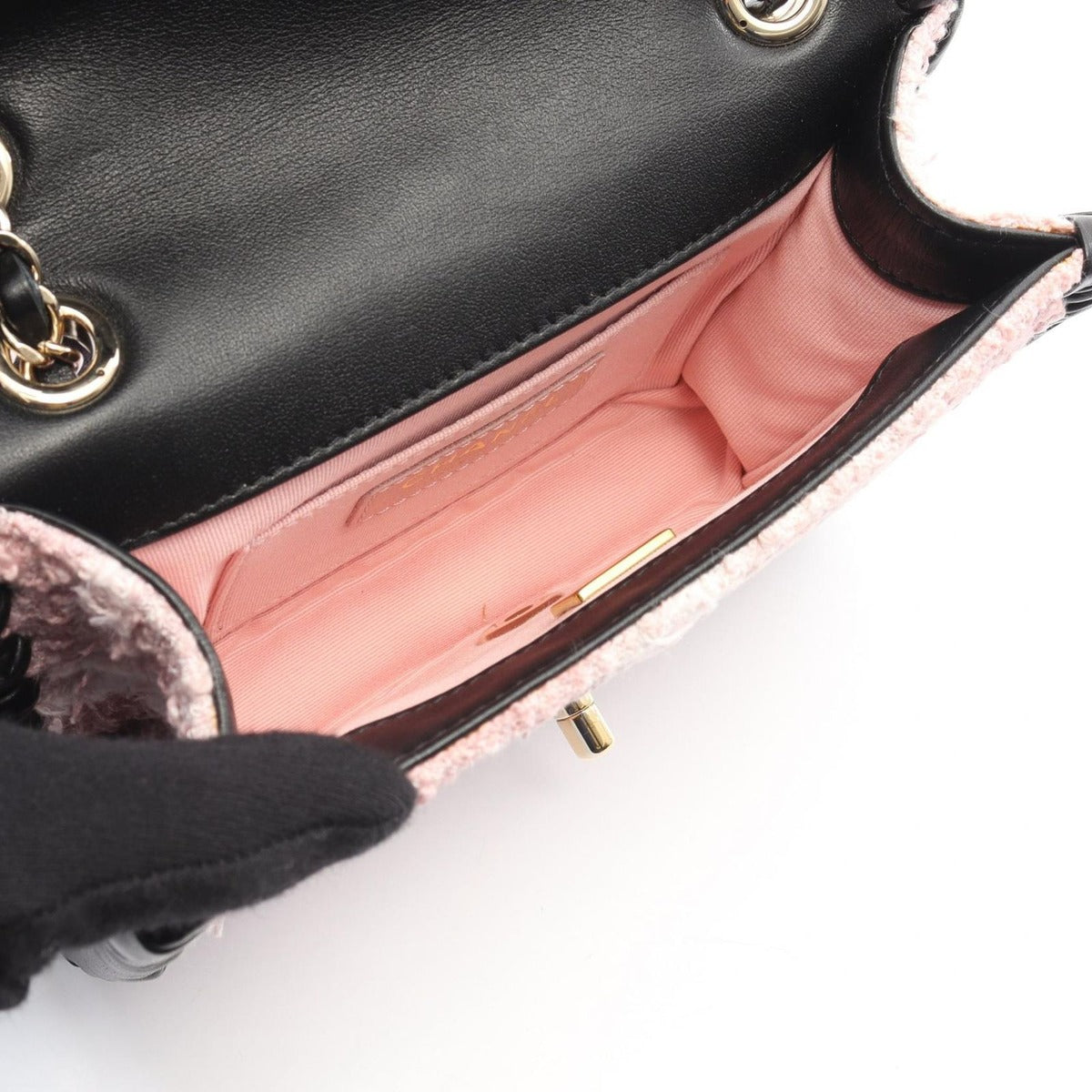 Chanel Shoulder Bag Pink Black Fabric Lambskin Turnlock Mini Chain — view 3