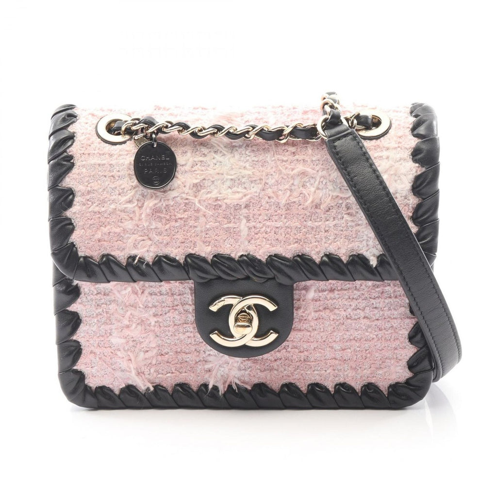 Chanel Shoulder Bag Pink Black Fabric Lambskin Turnlock Mini Chain