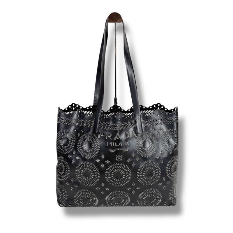 Prada Punching Leather Tote Bag With Pouch Cutwork Black — view 2