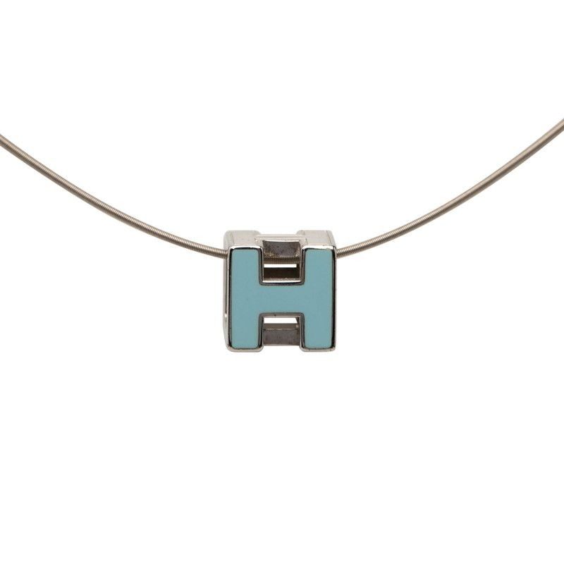 Hermes Cage de Ash Cube Necklace Silver Light Blue Metal