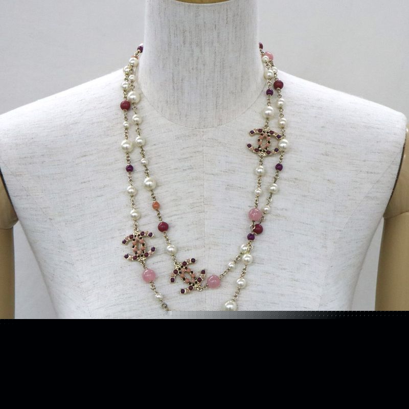 Chanel 3 Coco Mark Long Chain Necklace Pearl Multicolor Stone — view 4