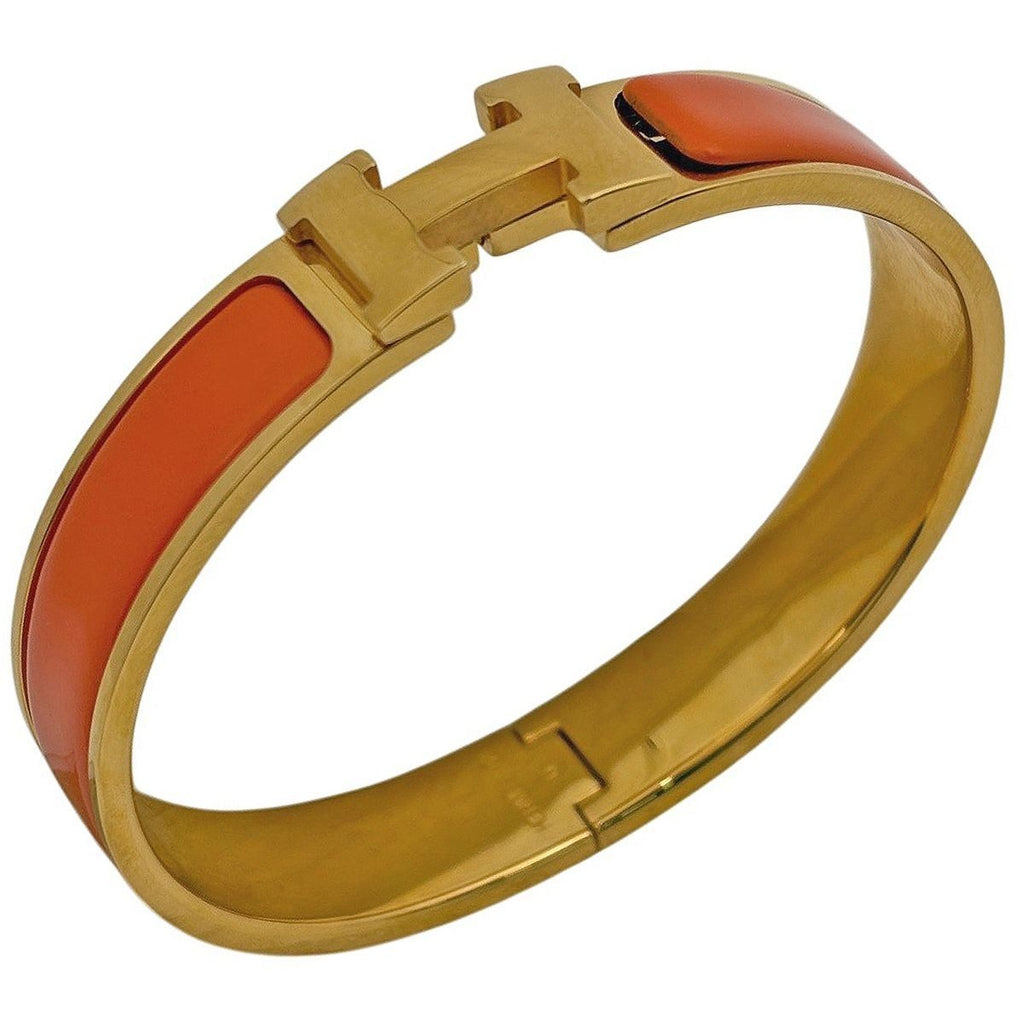 Hermes Clic Enamel Bracelet Clac Bangle Gold Plated Orange