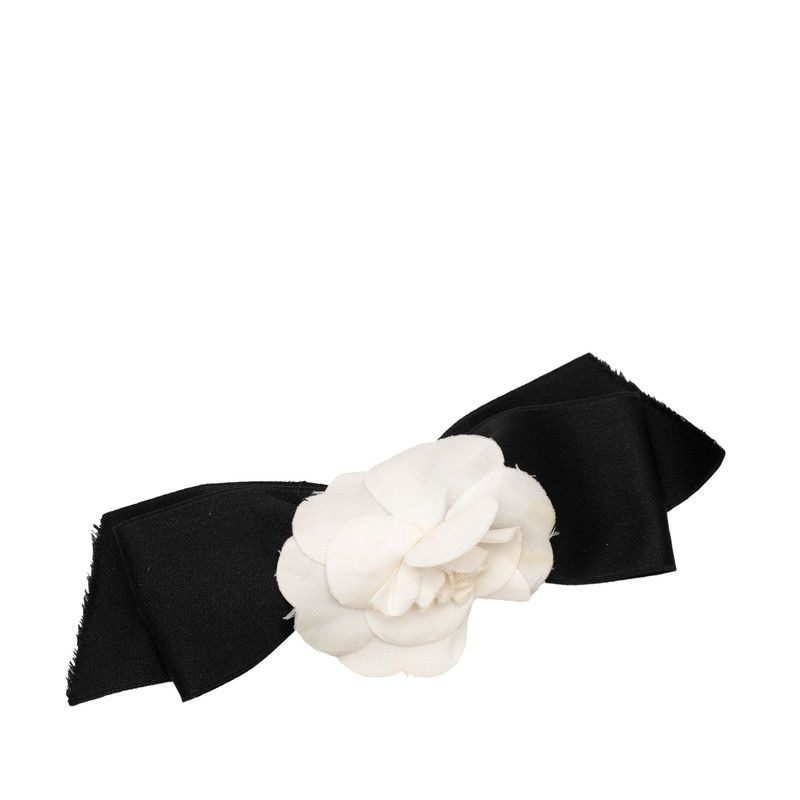 Chanel Camellia Ribbon Brooch Black White Metal Textile