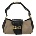 Fendi Handbag Zucca Pattern Beige Black Leather
