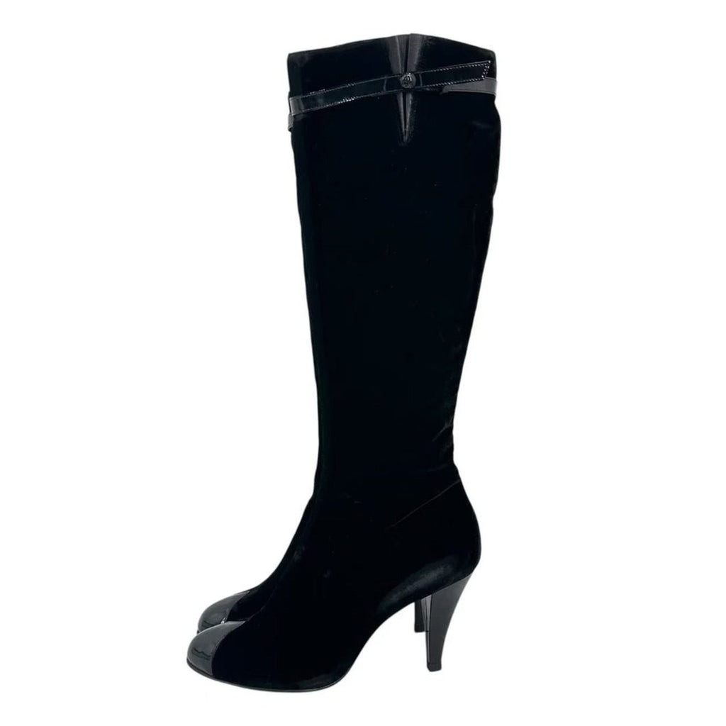 Chanel High Heel Long Boots Belt Velour Inside Zip Black 38 — view 2