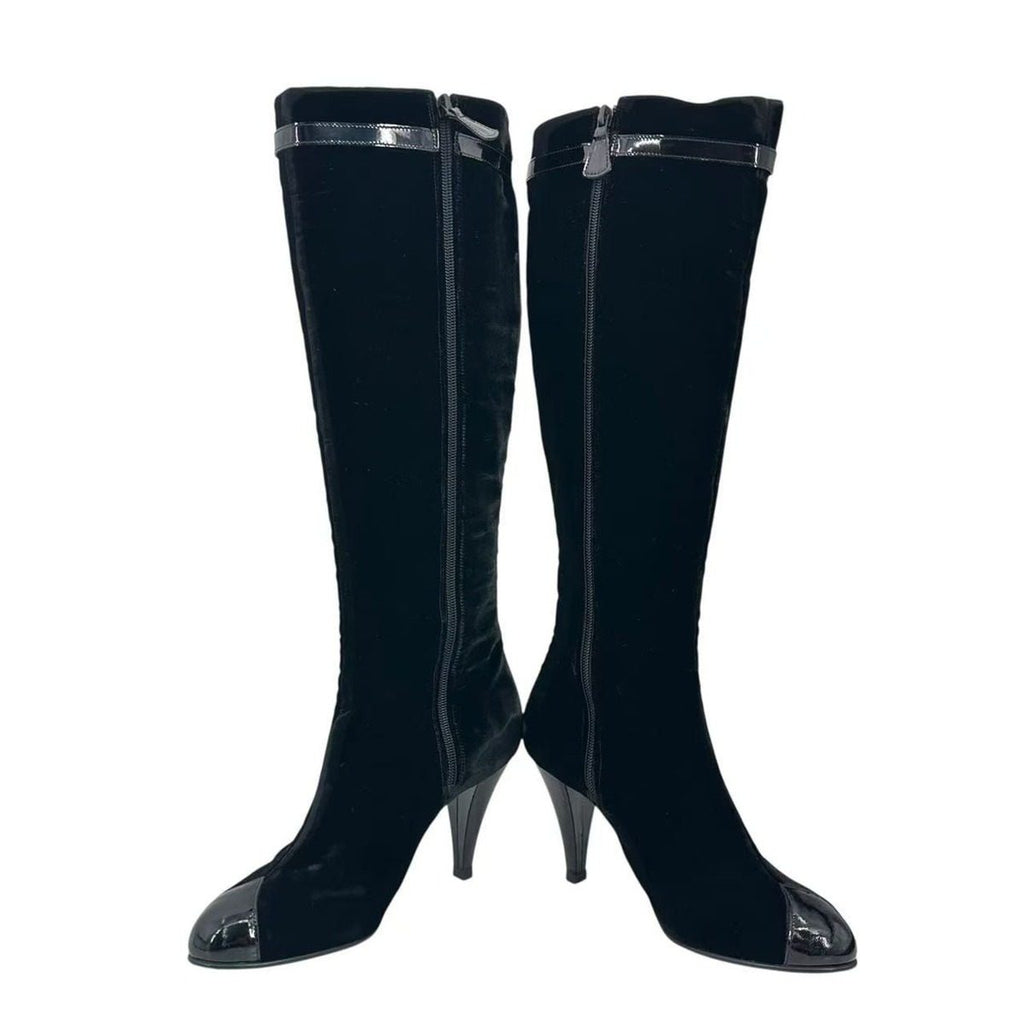 Chanel High Heel Long Boots Belt Velour Inside Zip Black 38 — view 6