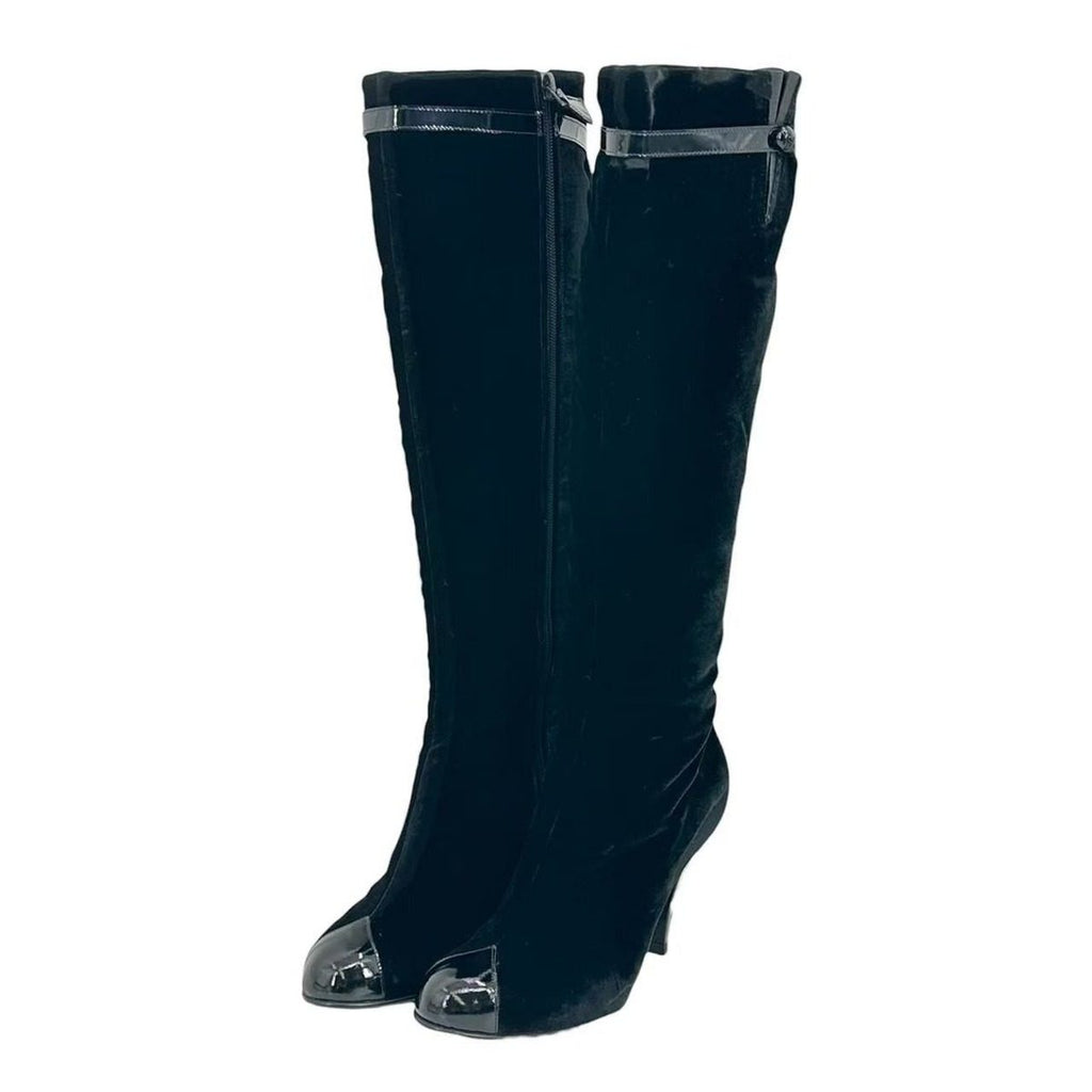 Chanel High Heel Long Boots Belt Velour Inside Zip Black 38