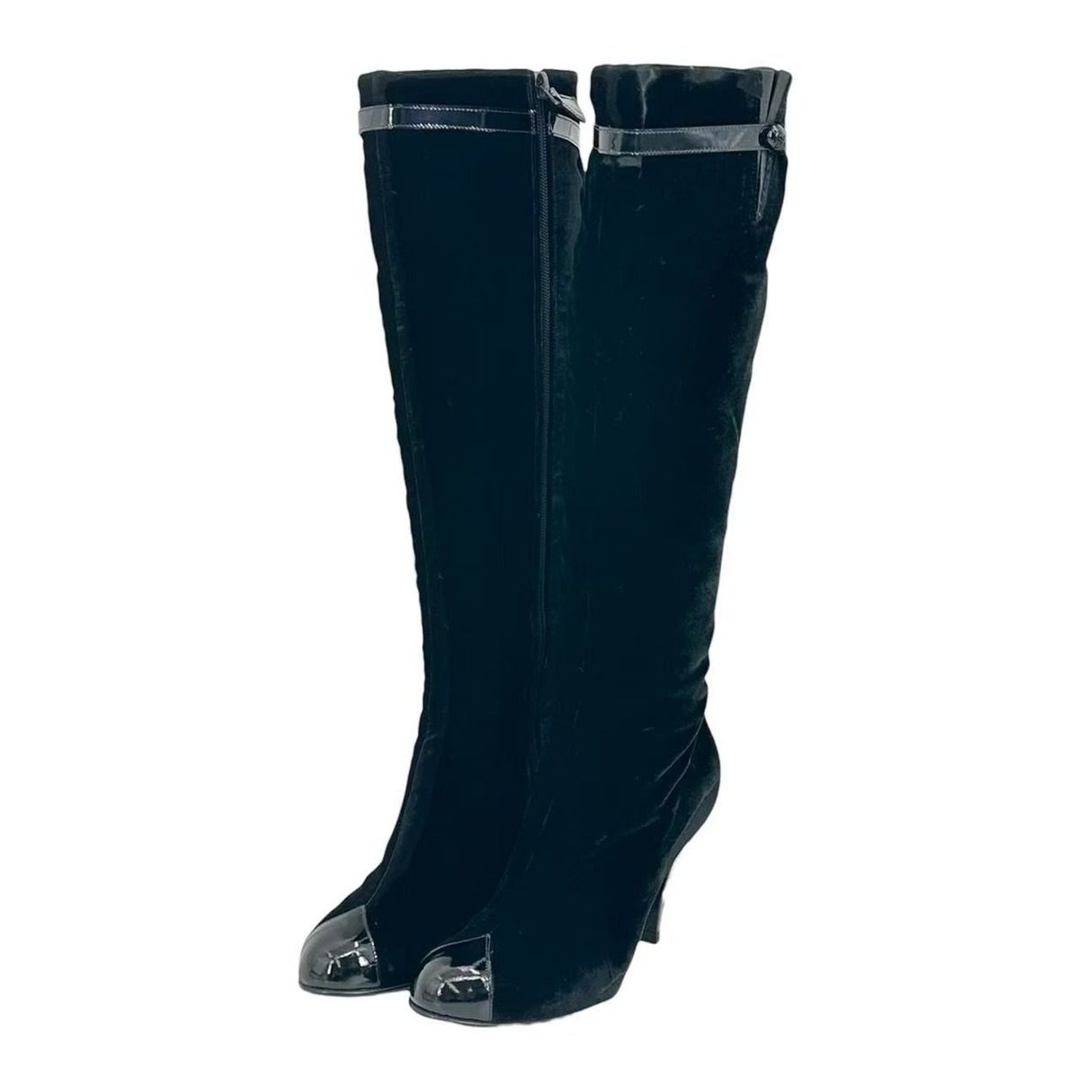 Chanel High Heel Long Boots Belt Velour Inside Zip Black 38