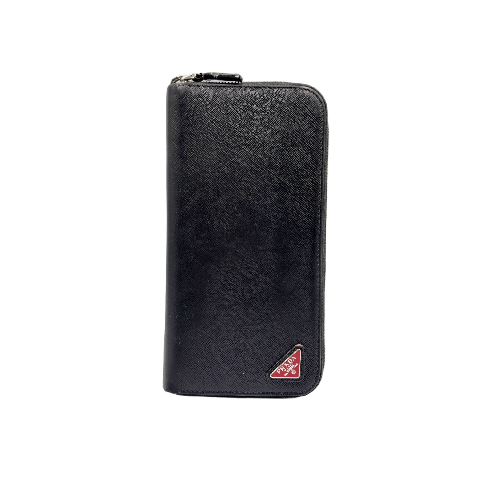 Prada Zip Around Leather Black Wallet Silver