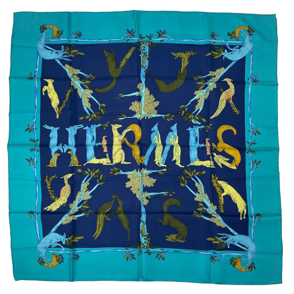 Hermes Scarf Silk Carre 90 Animal Alphabet Blue