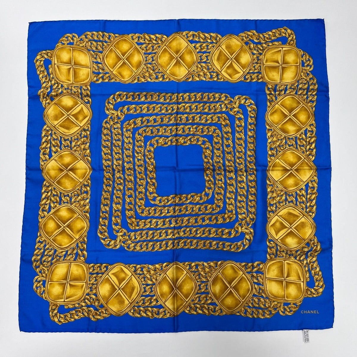 Chanel CC Logo Scarf Silk Blue Gold Vintage