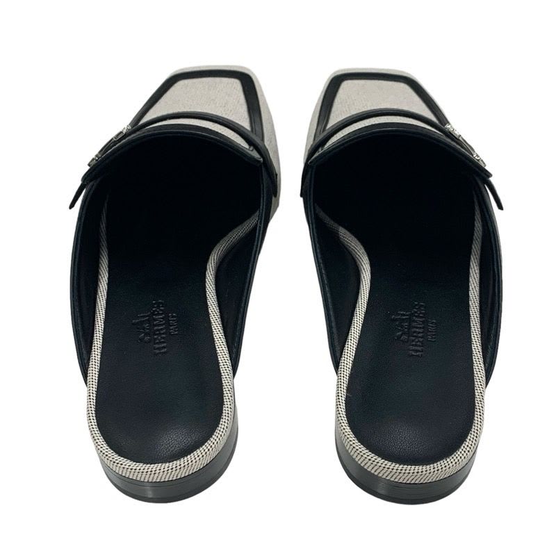 Hermes Groupie Flat Shoes Canvas Leather Black Mule Slipper Sandals — view 5