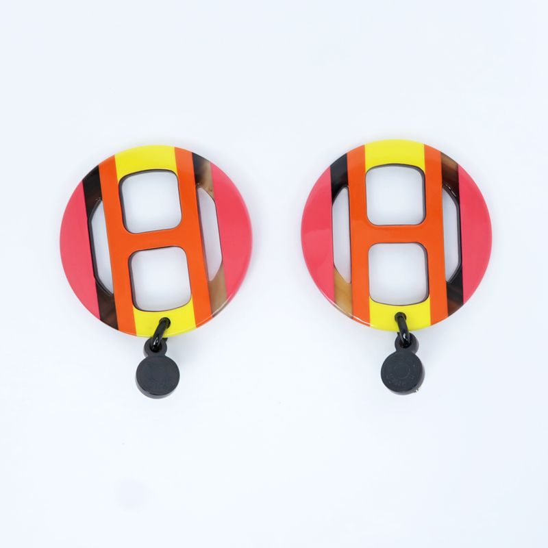 Hermes Earrings H Equipe Buffalo Horn Pair Multicolor Pink Accessories — view 5