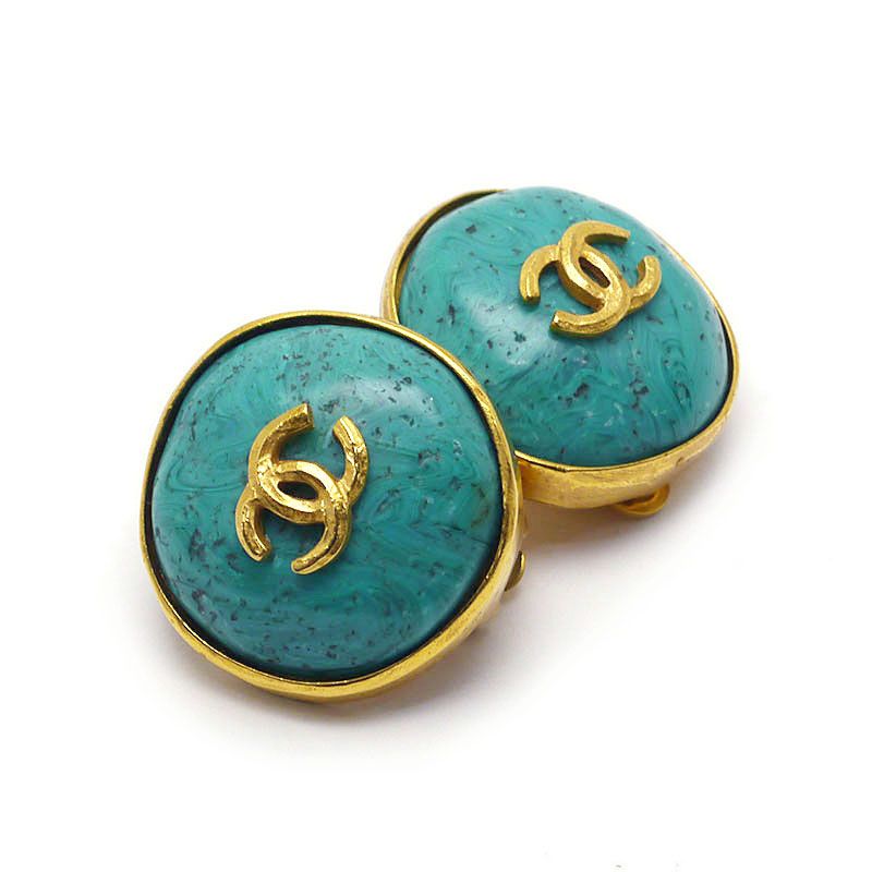 Chanel Earrings Coco Mark Greenish Green and Gold 98 — view 4