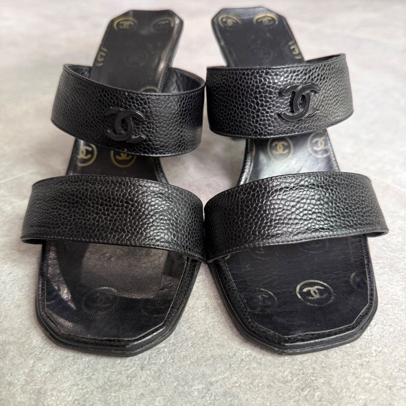 Chanel Coco Mark Caviar Leather Sandals Black 36 Mules — view 6