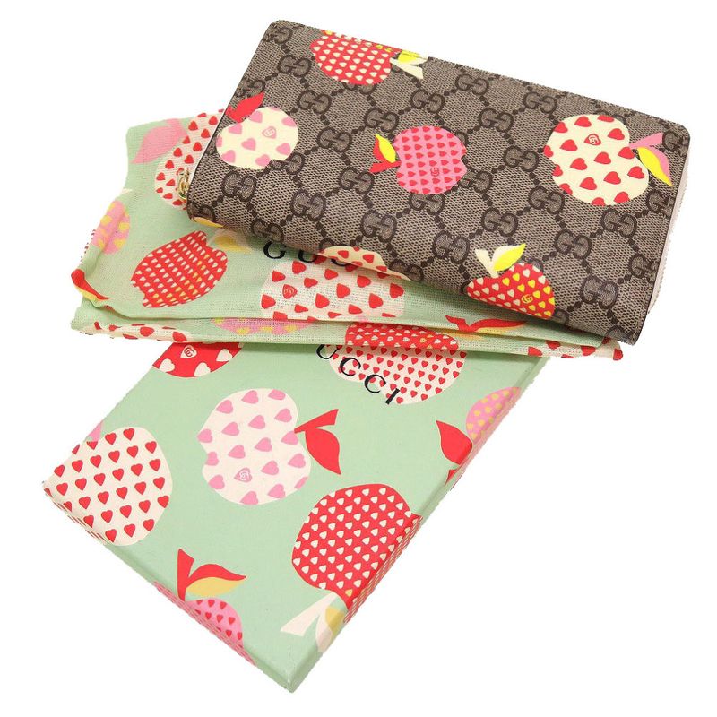 Gucci Apple Print GG Supreme Beige Round Zipper Long Wallet 0059 — view 2
