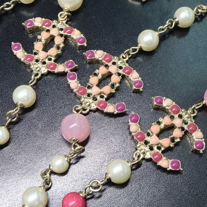 Chanel 3 Coco Mark Long Chain Necklace Pearl Multicolor Stone — view 6