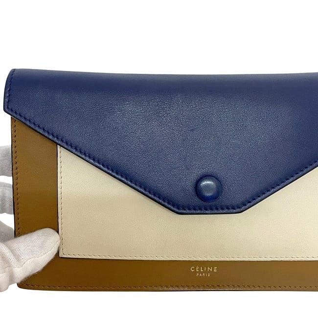 Celine Bifold Long Wallet Brown Navy White Leather — view 7