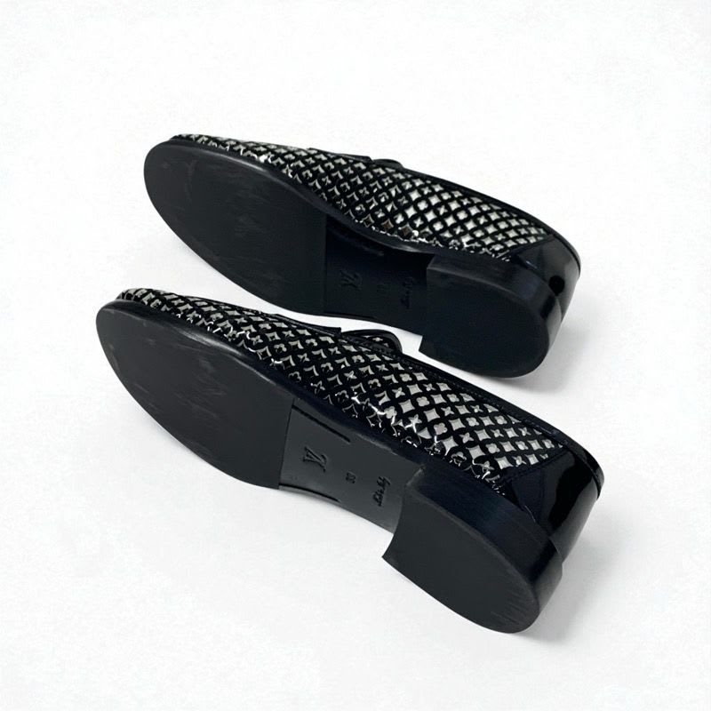 Louis Vuitton Chess Line Monogram Loafers Leather Shoes Patent Black Gold Logo — view 5