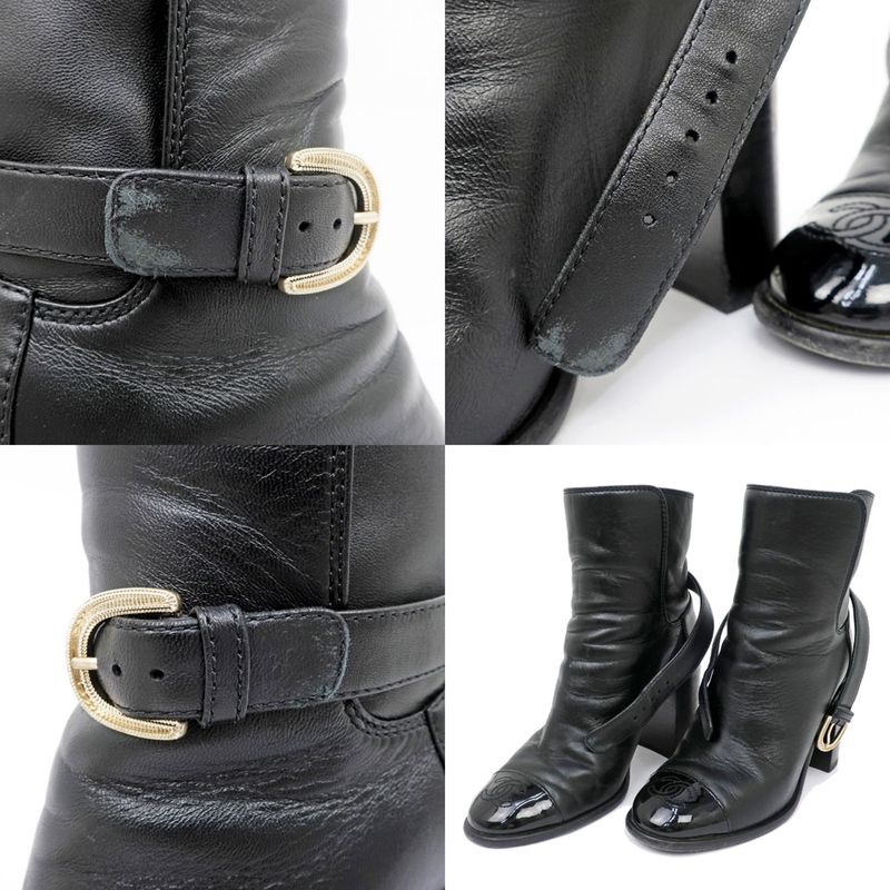 Chanel Ankle Boots 34 1 2 C Black Leather Patent CC Mark Shoes — view 9