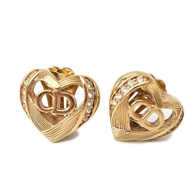 Christian Dior Earrings Vintage Heart Motif Rhinestone