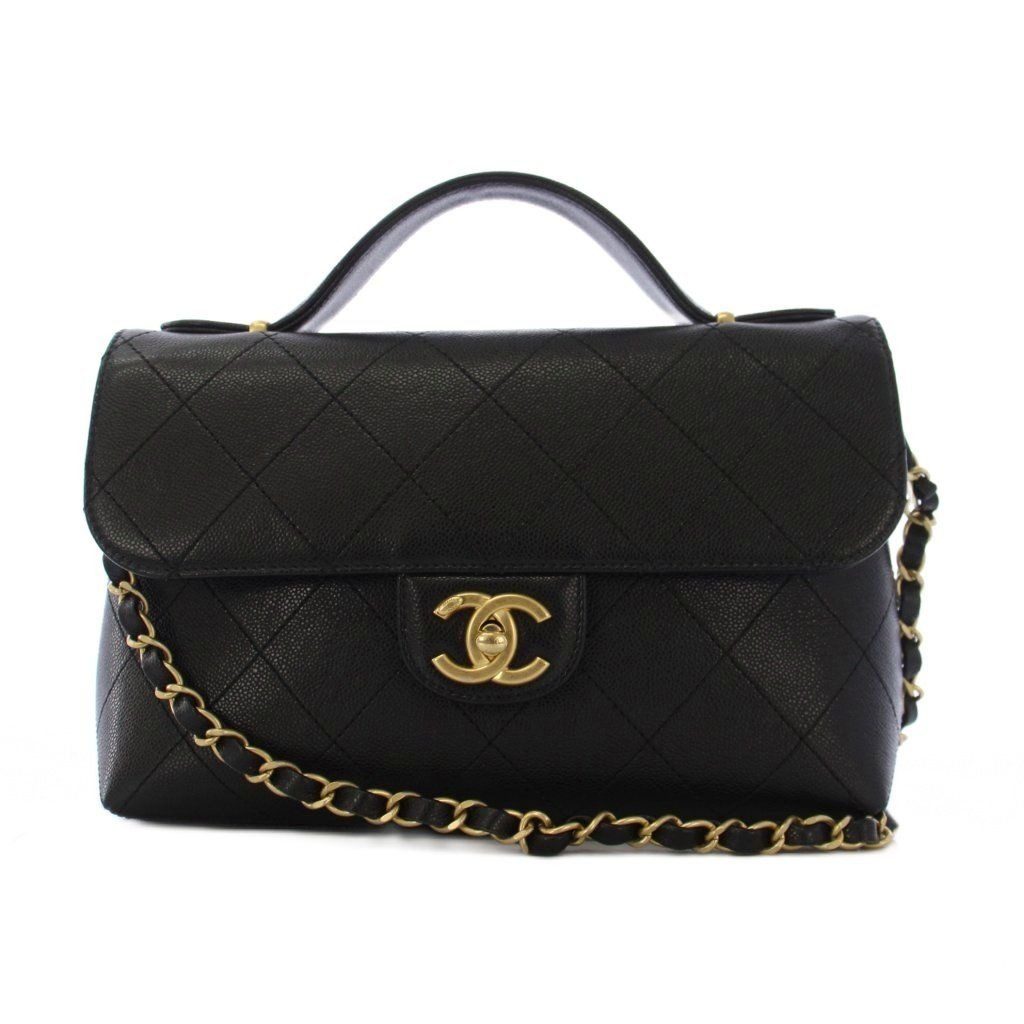 Chanel Top Handle Caviar Leather Chain Shoulder Bag Black KH