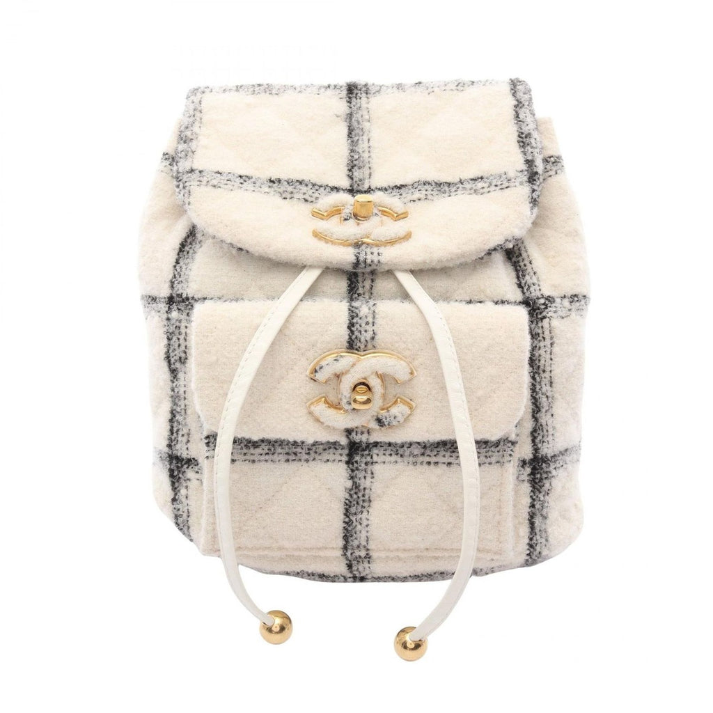 Chanel Backpack CC Logo White Fabric Quilted Double Turnlock