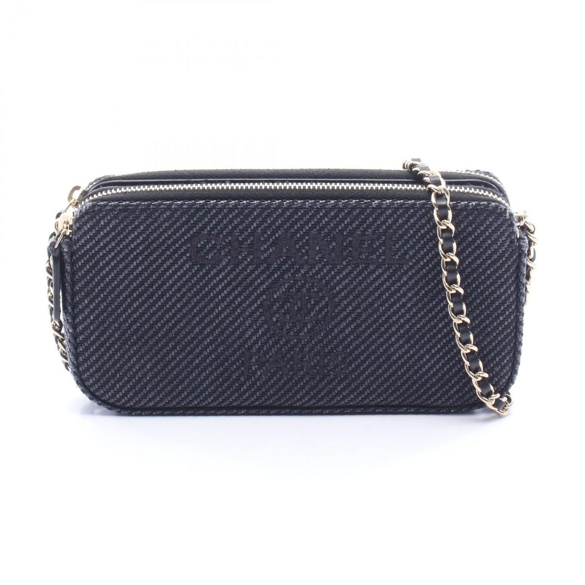 Chanel Shoulder Bag Deauville Black Fabric Leather Chain Wallet