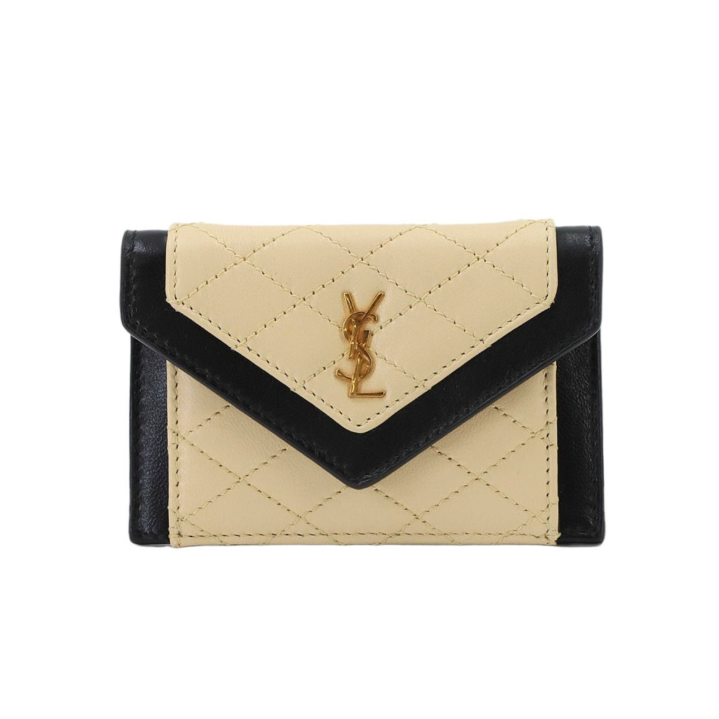 Saint Laurent Gaby Flap Card Case Business Leather Beige Black