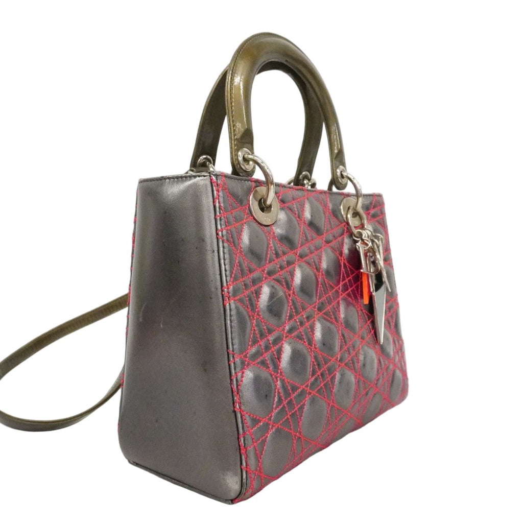 Dior Handbag Cannage Lady Leather Silver Pink 2-Way — view 2